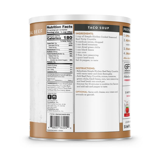 ReadyWise - Simple KitchenFreeze-Dried Seasoned Beef Patty Crumbles - 22 Serving #10 Can